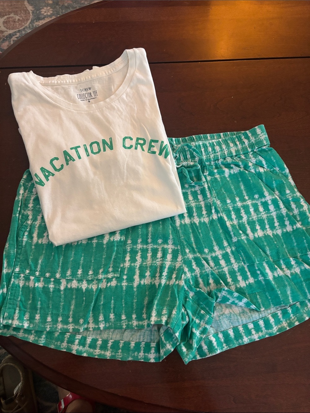 J. Crew Green Tie-Dye Athletic Shorts and white Vacation Crew Tshirt Size Small